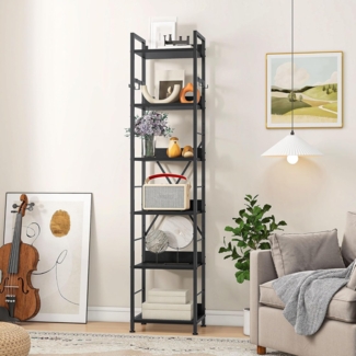 DWVO 6-stöckiges Bücherregal, Hohes Lagerregal mit Stahlrahmen, Industrielles Bücherregal mit 4 Haken, Standregal, Präsentationsständer, Für Wohnzimmer, Schlafzimmer, Schwarz Regal