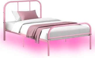 FurnitureR Metallbett Metallrahmen Bett mit LED-Licht, Gästebett Einzelbett Einzelbett Moderne Bettrahmen Jugendbett mit Lattenrost für Schlafzimmer Gästezimmer 90x190 cm, Rosa