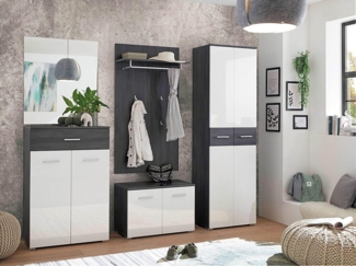 moebel-dich-auf Garderoben-Set MELODIE, (Komplett-Set, 5-St, Spiegel + Schuhkommode + Paneel + Bank + Garderobenschrank), Front in MDF Weiß Hochglanz