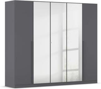 rauch Kleiderschrank Alba, Drehtürenschrank, Garderobenschrank, 5-türig, mit Spiegel, 4 Kleiderstangen, 5 Einlegeböden und Schubladeneinsatz, Farbe Grau metallic, Schwarz, Griffstange Grau metallic, Schwarz, 226x197x54cm