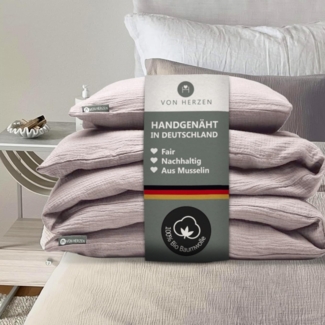 von Herzen Bettwäsche Handmade Musselin Bettwäsche – 100% Baumwolle – weich und kuschelig, Bettwäsche von Hand genäht