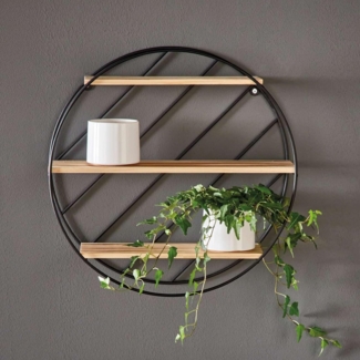 Wandregal "Circle" aus Metall schwarz, 3 Holzböden, Hängeregal rund, Dekoregal, Wanddeko, Küchenregal