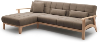 Cavadore Ecksofa Billan / Schlafsofa im skandinavischen Design mit Longchair, Bett und massivem Holzgestell in Buche / 264 x 88 x 183 / Flachgewebe, Braun