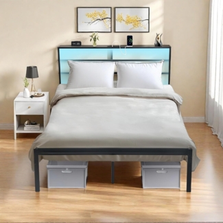 FurnitureR Double Bed Frame, 140x200 cm, integriertes Headboard mit Eurostecker, USB-Ladeanschluss, Shelf Headboard, minimalistisches Design für Schlafzimmer, rechteckiges Eisenfuß für erhöhte
