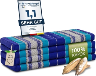 Nachhaltige Klappmatratze aus Kapok, breite Gästematratze vierteilig, Faltbare Matratze, ökologische Yogamatte, klappbares Gästebett, Liege für Garten und Balkon 200 x 110 x 8 cm (Blau)
