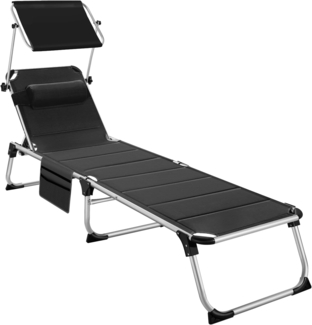 tectake® Sonnenliege mit Dach, Liege klappbar mit Kopfkissen + Seitentasche, zusammenklappbar, leicht tragbar, Strandliege, Liegestuhl klappbar für Garten, Sonnenliege Camping - schwarz