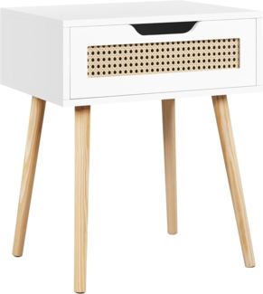 Yaheetech Nachttisch Rattan Beistelltish mit 1 Schublade Holzbeine Nachtschrank Nachtkommode Moderner Nachtkästchen für Wohnzimmer/Schlafzimmer, Weiß