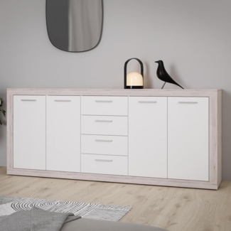 Forte BACCIO Sideboard 200, Moderne Kommode für Wohn-/Schlafzimmer, 4-türig, 4 Schubladen, Holzwerkstoff, Sandeiche Holzdekor|Weiß, 197,1 cm breit x 91,9 cm hoch x 41 cm tief