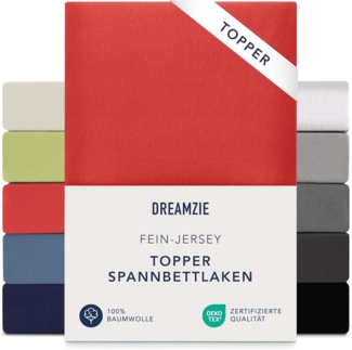 Dreamzie Premium Topper Spannbettlaken 180x200 cm - 200x200 cm - extra niedriger Seitenhöhe - für Topper - Topperauflage - Spannbetttuch Jersey Baumwolle, 150 g/m² - Oeko-TEX - Rot