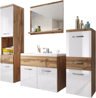 Badmöbel-Set Bella, Farbe: Wotan Eiche / Weiß Hochglanz + Wotan Eiche