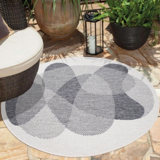 carpet city In- & Outdoor-Teppich Grau, Creme - Wendeteppich - 160 cm Rund - Abstraktes Geo-Muster - Wetterbeständig für Balkon, Terrasse - Teppiche Modern Indoor Wohnzimmer, Küche
