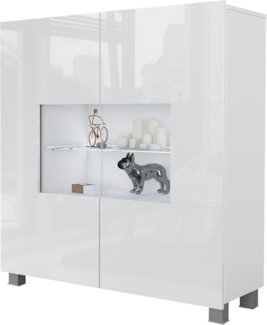 Mirjan24 Kommode Calabrini mit 2 Türen, Sideboard, Anrichte, 100 x 107 x 35 cm, Highboard, Mehrzweckschrank, Wohnzimmer (Weiß/Weiß Hochglanz, mit weißer LED Beleuchtung)