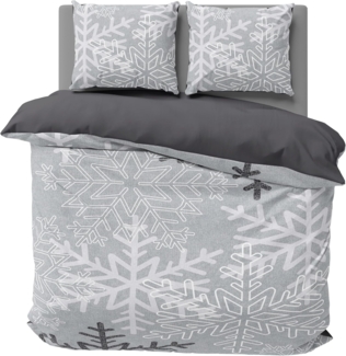 One Home Bettwäsche Winter, Biber, 3 teilig, Kristalle Schneeflocken, kuschelig flauschig warme weiche Baumwolle