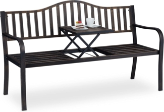 Relaxdays Gartenbank mit klappbarem Tisch, 3-Sitzer, Garten, Metall Balkonbank, HBT 89 x 150 x 58,5 cm, schwarz-Bronze