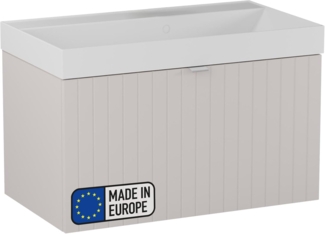 BADEDU ESLA Waschbecken mit Unterschrank 79 cm breit, Grau, Waschbecken Gussmarmor Weiß