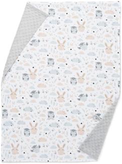 EliMeli Minky BABYDECKE Kuscheldecke Kinderwagedecke Krabbeldecke aus super weichem Minky Stoff und Baumwolle für den Sommer und Frühling Ideal als Geschenk (Grau - Eule und Hase)