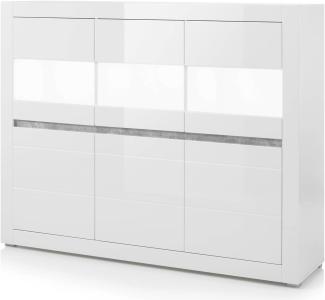 Highboard Nobile in Hochglanz weiß / Stone Design grau 164 x 131 cm