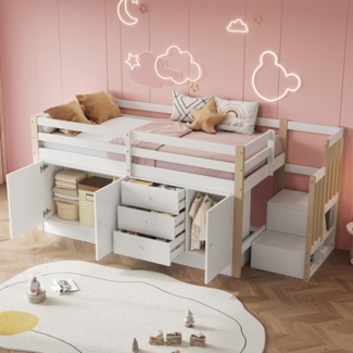 Odikalo Kinderbett Hochbett Einzelbett Schubladen Stauschränken Wäschestange Weiß 90x200