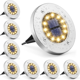 GIGALUMI Solar Bodenleuchten 12 LEDs 8 Stück Solarleuchten Warmweiß Gartenleuchten Edelstahl Wasserdicht für außen, Garten, Terrasse, Rasen, Hof, Gehweg