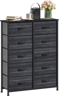 DWVO Kommode mit 10 Schubladen, Schrank aus Stoff mit Griffen, Metallgestell & MDF-Holzplatte, langlebig, für Schlafzimmer & Wohnzimmer,Holzmaserung Anthrazit Schwarz