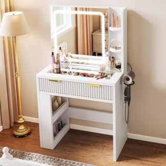 YITAHOME Schminktisch mit Verstellbarer LED-Beleuchtung und Steckdosen, Make-up-Tisch mit transparenter Glasplatte, Frisiertisch für das Schlafzimmer, 1 Schublade und 4 Fächer, weiß