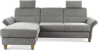 CAVADORE Eckcouch Wyk mit Federkern / Ecksofa im Landhaus-Stil mit Longchair, 2 Kopfstützen + Holzfüßen / 252 x 90 x 162 / Chenille, Hellgrau