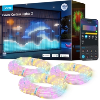 Govee Curtain Lights 4,5×2m, Smart LED Vorhang mit DIY GIF, RGBIC Color Chaning Lichterkette für Zimmerdeko, Intelligente Dynamische Deko, IP65 Wasserfest, Kompatibel mit Alexa, Party Deko 1560 LEDs