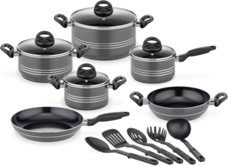 GSW Topf-Set Milano Nero, Aluminium (Set, 15-tlg, je 1 Kochtopf 16/20/2 cm, 1 Stielkasserolle 16cm, je 1 Pfanne 24/28cm), Induktion, inkl. 5-teiliges Küchenhelfer-Set