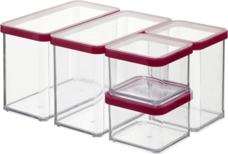 Rotho Loft 5er-Set Vorratsdosen mit Deckel verschiedene Größen, lebensmittelechter Kunststoff (PP) BPA-frei, 2x2.1l, 1x1.0l, 2x0.5l (30.0 x 21.0 x 15.0 cm) (transparent/rot)