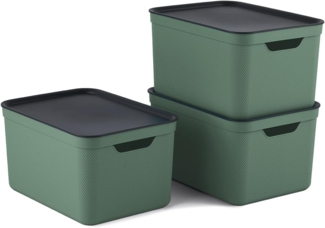 Jive Dekobox 3er- Set Aufbewahrungsbox 16l mit Deckel, Kunststoff (PP recycelt), grün/anthrazit, 3x16l (37.5 x 27.8 x 29.8 cm)