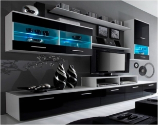 Skraut Home – Wohnzimmermöbel – 194 x 250 x 42 cm – LED-Beleuchtungssystem – Modell Alfa II – große Speicherkapazität – moderner Stil – Ausführung in Weiß/Schwarz