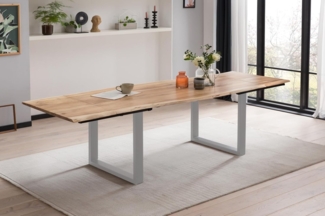SAM Baumkantentisch 200 (300) x 100 cm Adina, Akazienholz naturfarben & massiv, Esszimmertisch mit 2 Ansteckplatten, Silbernes U-Metallgestell, Platte 26mm