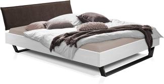 Möbel-Eins LUKY Kufenbett mit Polsterkopfteil, Material Massivholz, Fichte massiv, Kufen schwarz weiss 160 x 220 cm Stoff Braun