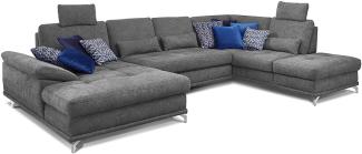 Cavadore Wohnlandschaft Castiel mit Federkern / Großes Schlafsofa in U-Form mit Bettkasten, Sitztiefenverstellung und Kopfstützen / 368 x 114 x 232 / Webstoff, Grau