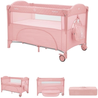 Kikkaboo Reisebett Milky Way, 2 Ebenen, seitliche Öffnung, 2 Räder, Netzfenster rosa pink