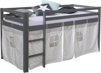 Hochbett Spielbett Kinderbett Kiefer Leiter Vorhang grau 90x200