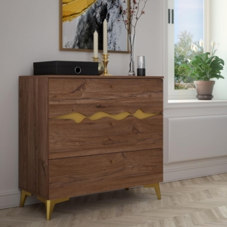 FORTE Kenyatta Kommode 80 90, Elegante Kommode mit 3 Schubladen, Modernes Sideboard mit goldenen Details, Holzwerkstoff, Colonial Eiche Holzdekor/Gold, 89,9 cm breit x 85,8 cm hoch x 41,3 cm tief