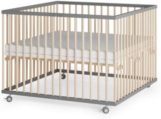 Sämann Laufstall faltbar Baby 100x100 cm mit Cloud Air Matratze | stufenlos höhenverstellbar | Laufgitter Premium | Babybett aus Holz | Krabbelgitter grau/natur