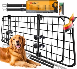 LovPet® Hundegitter Auto, Autoschutzgitter Trenngitter Universal, verstellbare Breite, Kopfstütze Kofferraum Autogitter Maße HxB 30 x 91-153 cm Kofferraumgitter,+ 2x Sicherheitsgurt für Hunde Schwarz
