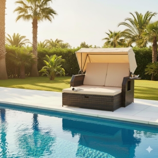 Mucola Strandkorb-Sonnenliege mit Sonnenschutzdach, Polyrattan braun, 145x143x130 cm