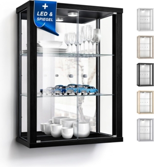K-Möbel Wandvitrine (80x60x25cm) - Made in Germany - Glasvitrine hängend mit 2 höhenverstellbaren Glasböden aus ESG, Spiegel & LED in Schwarz - Schrank mit Glastüren - Hängevitrine Glas