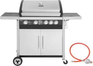 Royal Gourmet 4+1 Brenner Gasgrill Grillwagen mit Unterschrank, Edelstahlbrenner mit 14,5 kW und automatischer Zündung Campinggrill mit Seitenbrenner Silber