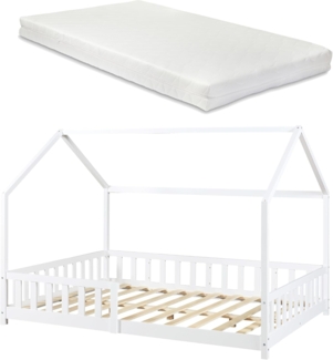Hausbett Hesel, Kinderbett, Lattenrost und Matratze, Weiß, 140x200 cm
