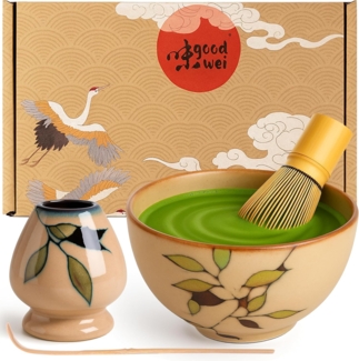 Goodwei Teeschale Matcha Teezeremonie Set "Bamboo" mit Teeschale, Besen und Besenhalter, 4-tlg, Keramik