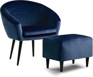 Traumnacht Relaxsessel, Cocktailsessel Theo, bequemer Polstersessel mit Armlehnen, produziert nach deutschem Qualitätsstandard, blau (Samt) + passender Fußhocker blau (Samt)