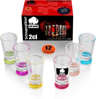 BigDean 12 Stück farbige Schnapsgläser 2cl in Geschenkbox – robuste Shotgläser spülmaschinenfest - in Gastro Qualität