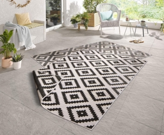 NORTHRUGS In- und Teppich Malta 240x340 cm - Wendeteppich Wetterfest Geometrisches Muster für Balkon Terrasse Garten Wintergarten Wohnzimmerteppich Wasserfest in Schwarz Creme, 103129-240x340