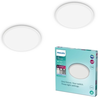 PHILIPS LED Badezimmer Deckenleuchte Superslim, weiß, 15W, neutralweißes Licht 4.000K, 3 Lichteinstellungen - dimmen ohne Dimmer, IP44 Schutz, Doppelpack