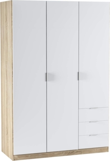 Dmora - Kleiderschrank 3 Türen Allentown, Schlafzimmerschrank mit 3 Schubladen, Schrank mit Kleiderstange und 3 Regalen, 121 x 52 x 180 cm, Weiß und Eiche