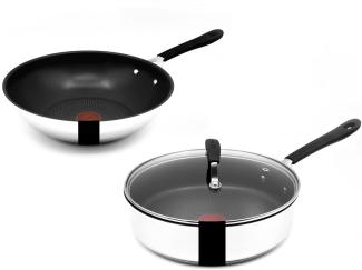 Tefal Jamie Oliver Pfannenset - Wok 28 cm + Schmorpfanne 25cm mit Deckel Induktion, Pfannen Edelstahl, Antihaft Beschichtet, Pfannen Hoher Rand, Backofenfest, Genieteter Griff, E30